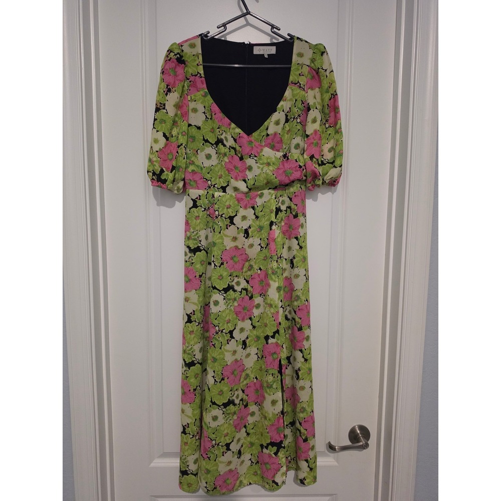 WAYF Floral Midi Dress Pink Green Puff Sleeve V-Neck Side Slit Size S